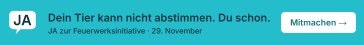 T&uuml;rkiser Querbanner: Dein Tier kann nicht abstimmen. Du schon. JA zur Feuerwerksinitiative, 29. November. Knopf Mitmachen.